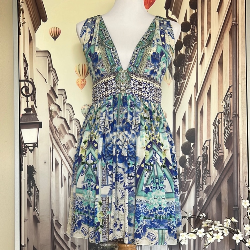 Camilla Blue Plunge Neck Sleeveless Mini Dress